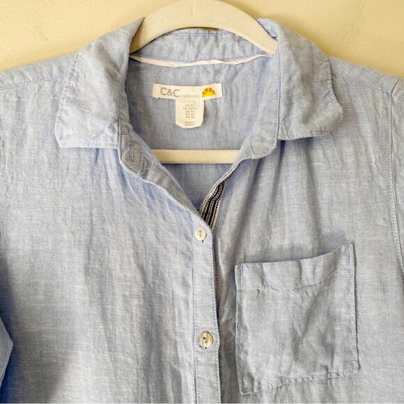 C&C California | 100% Linen Button Front Shirt Dress Summer Beachy Blue XS - Picture 3 of 8